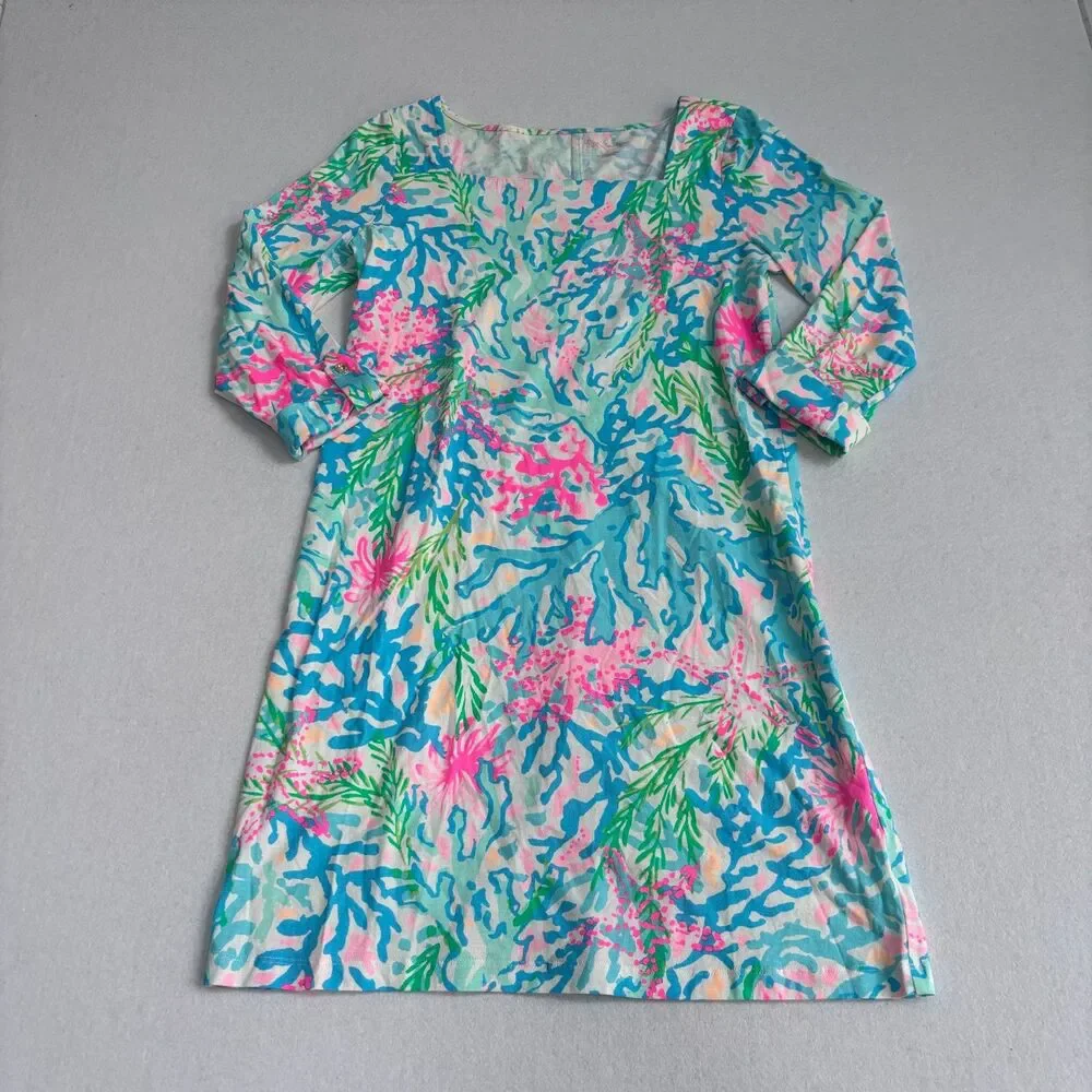 Lilly Pulitzer Bailey Dress Women's S 3/4 Sleeve Multi Coral Bay Print Vacation